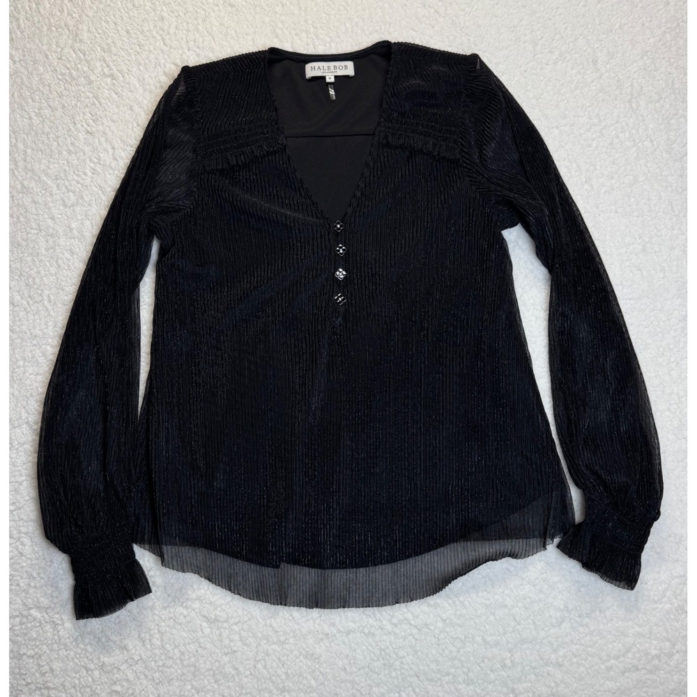 Hale Bob Black Sheer Metallic Pleated Long Sleeve V Neck Blouse‎ Top M